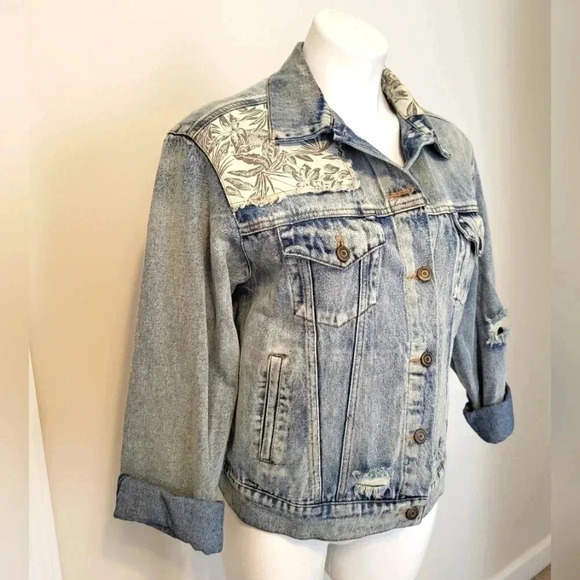 LUNIK Floral Distressed/ Destroyed 90's Denim Jean Jacket(Large) - Picture 2 of 11